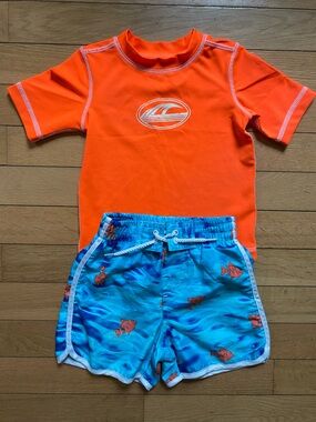 Koala Baby Kids Infant Size 18M Orange Rashguard with Blue Fish Swim Shorts